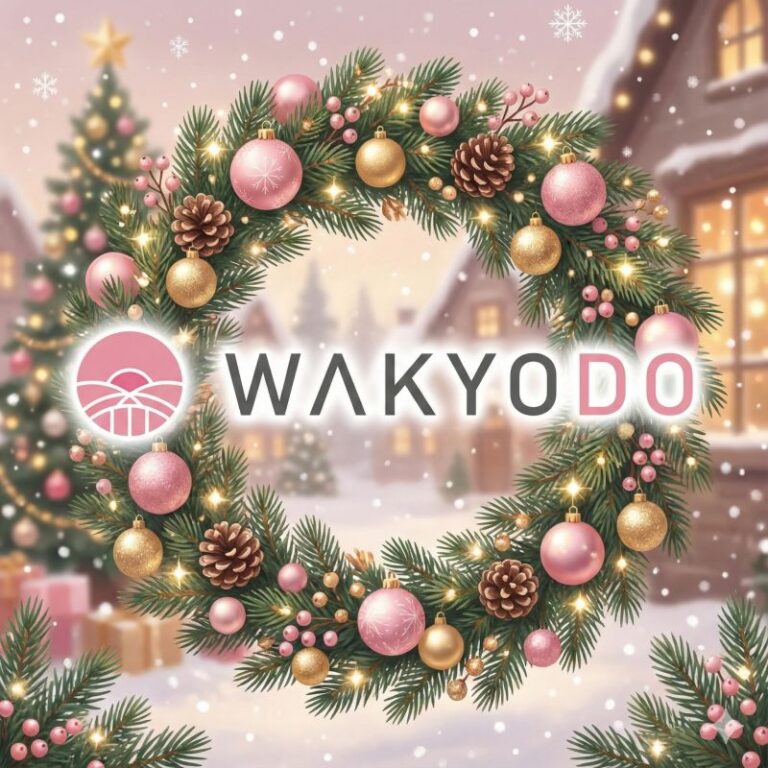 Wakyodo Inc. holiday wreath with pink and gold ornaments