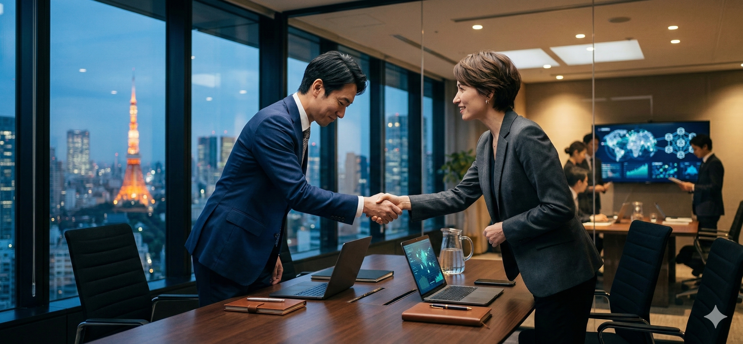 Business handshake in a boardroom overlooking Tokyo Tower at night