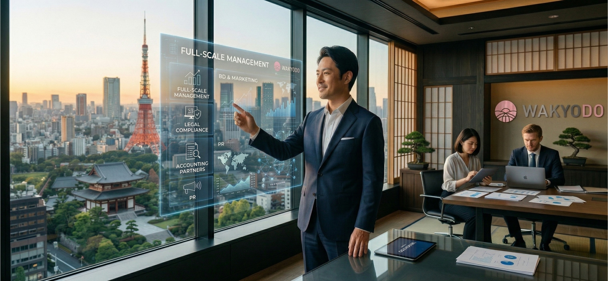 Businessman presenting Wakyodo services on a holographic screen in a Tokyo office