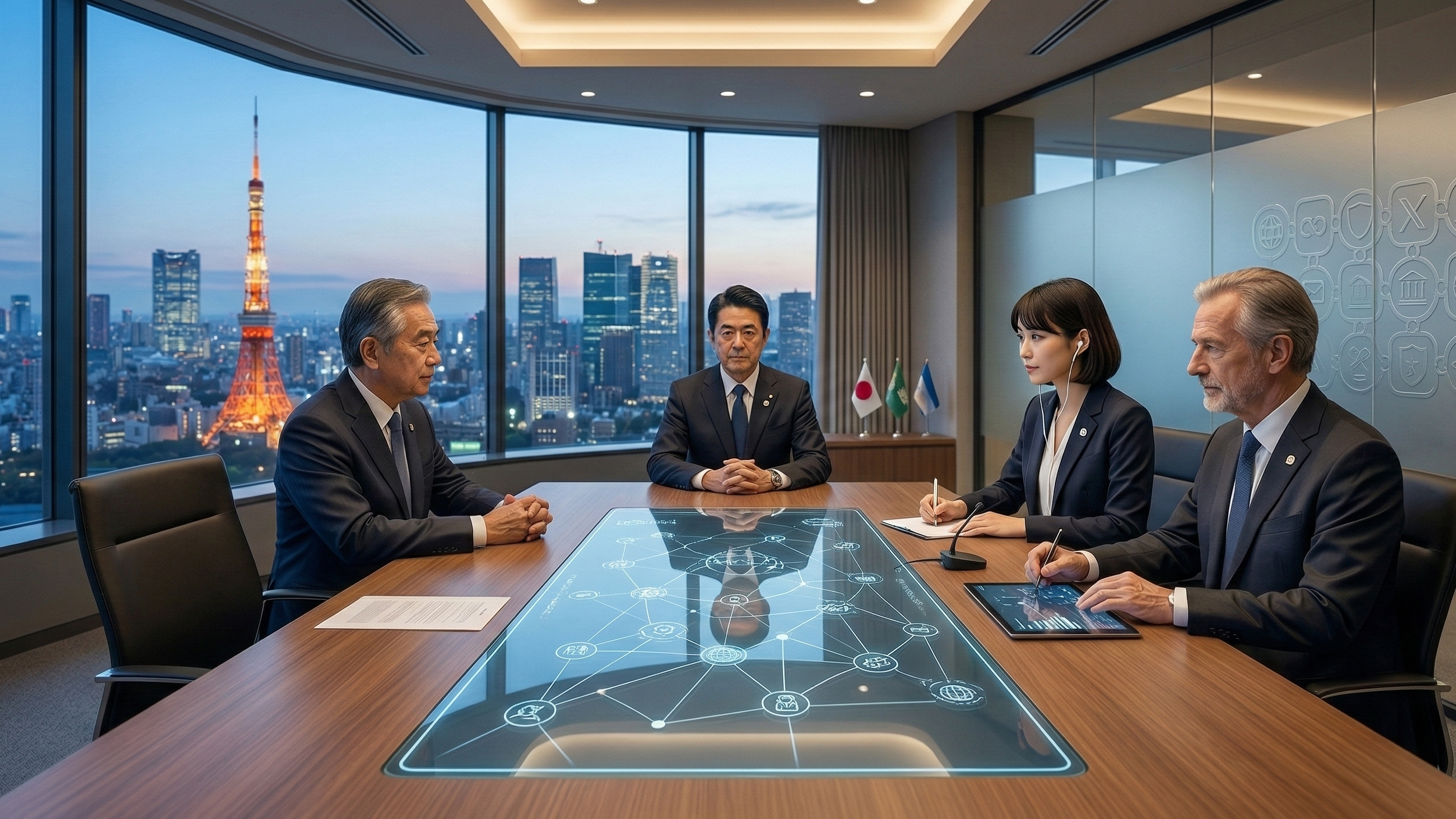 Executives at a roundtable meeting overlooking Tokyo Tower